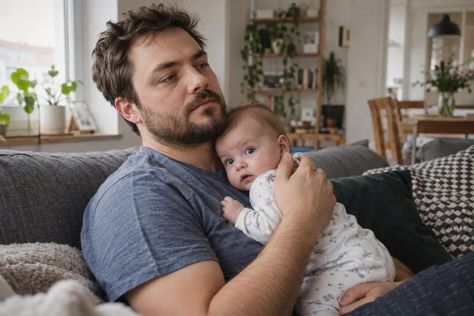 Ein Vater hält sein Baby bei einer Pause