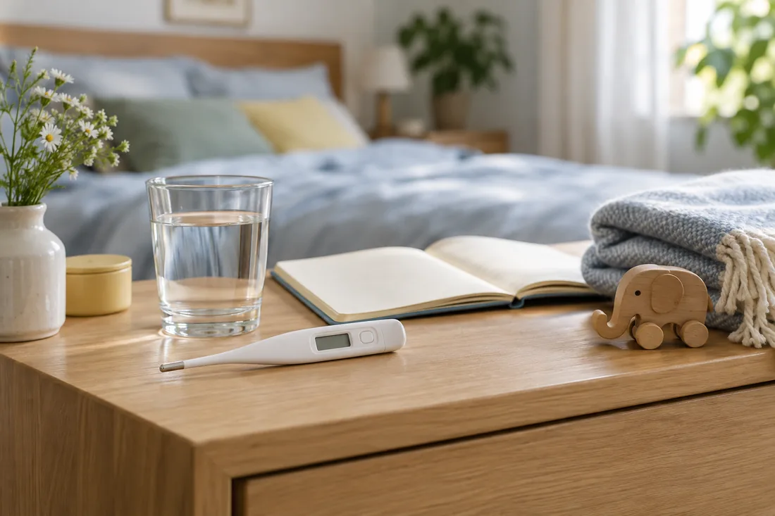 Digitales Fieberthermometer, Wasser und Notizbuch in einem hellen Schlafzimmer