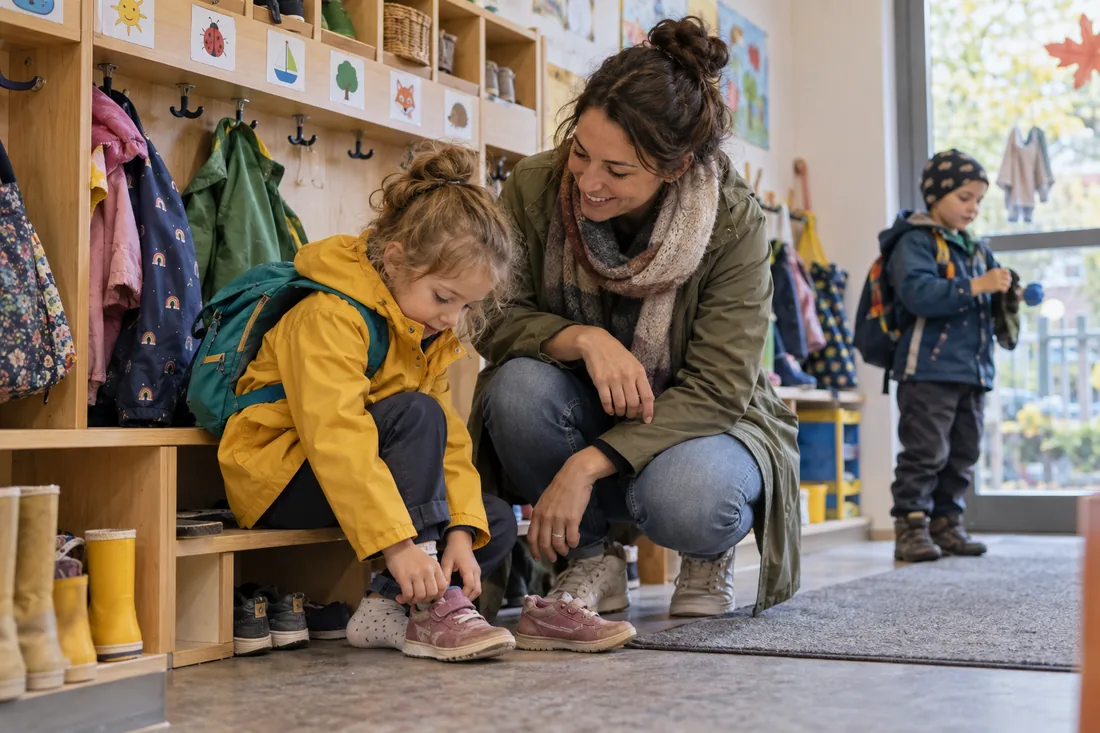 Ein Kita-Kind wechselt neben seiner Mutter die Schuhe in der Garderobe