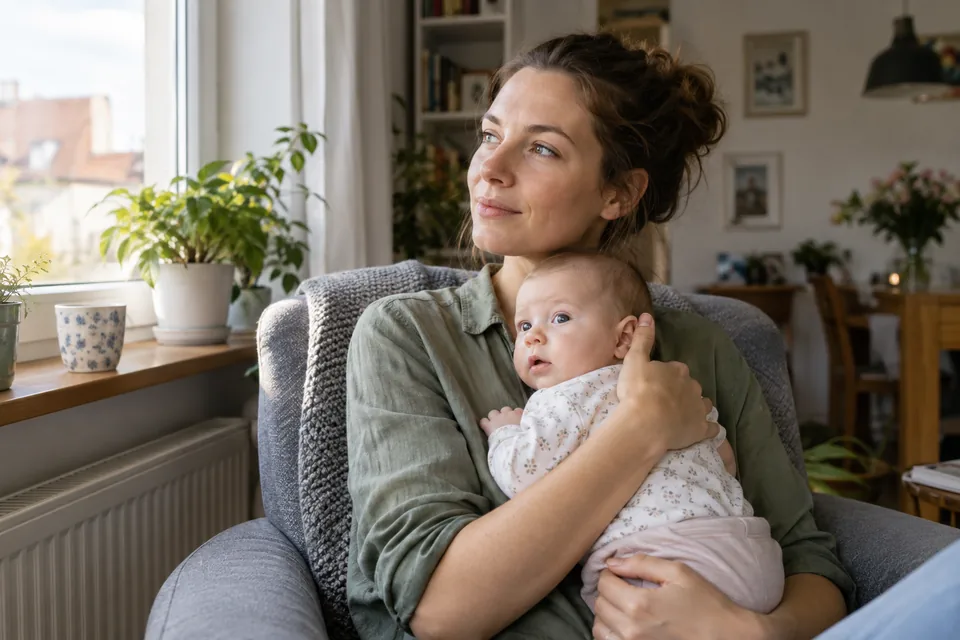 Eine Mutter hält ihr Baby bei einer Pause
