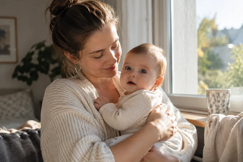 Eine Mutter hält ihr Baby in einer ruhigen Wohnumgebung